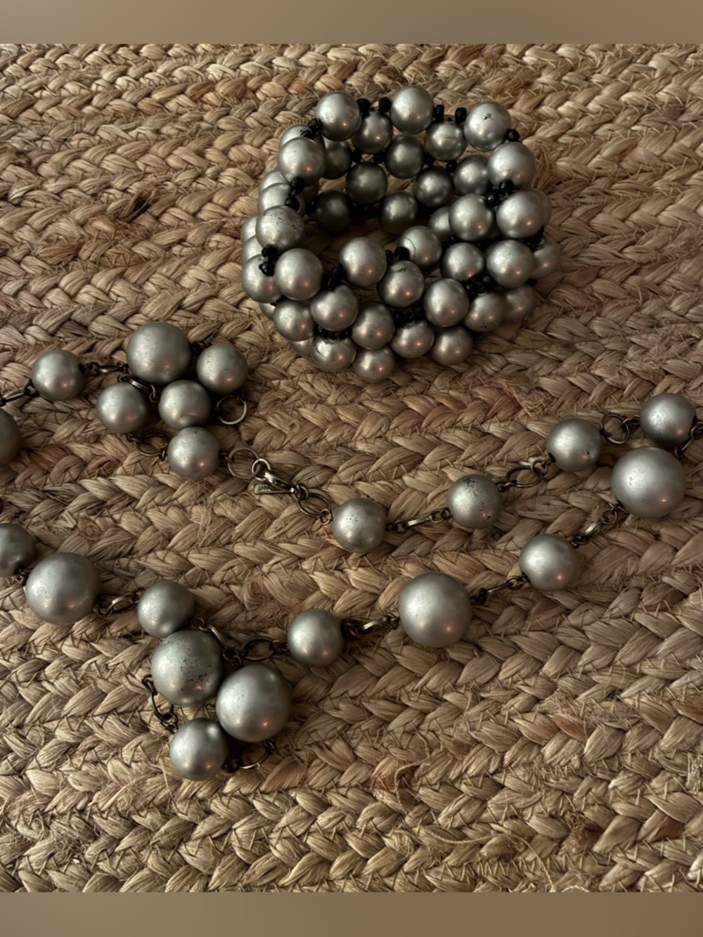 Classic Metallic Pearl Bead Necklace and Bracelet Set - Silver